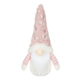 Figurină Decorativă Crăciun, Gnome, 26 cm, Căciulă Roz De Blană, Inimi Holografice, Barba Lungă, Corp Catifea Albă, Oem