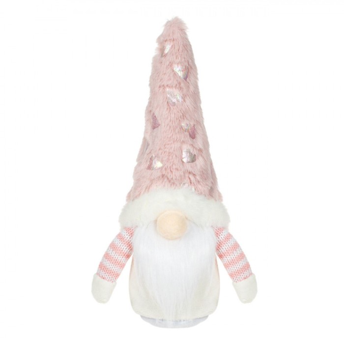 Figurină Decorativă Crăciun, Gnome, 26 cm, Căciulă Roz De Blană, Inimi Holografice, Barba Lungă, Corp Catifea Albă