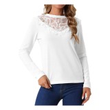 Bluză pentru femei cu m&acirc;neci lungi, guler rotund, dantelă, casual, culoare solidă, haine de primăvară