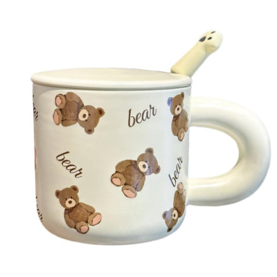 Cana cu capac din ceramica si lingurita Pufo Little Bears pentru cafea sau ceai, 350 ml foto