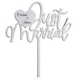 Topper tort Just Married, personalizat, lemn alb, 20 cm