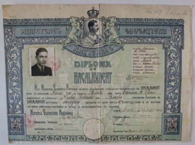 LICEUL &amp;#039; NICOLAE BALCESCU &amp;#039; , BRAILA , DIPLOMA DE BACALAUREAT , GRAFICA de A. BORDENACHE , CU PORTRETUL REGELUI CAROL II , DATATA 29 AUGUST 1939 foto
