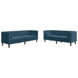 Cumpara ieftin Set canapele Chesterfield perne rulou 2 piese albastru catifea
