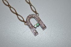 COLIER + PANDANTIV AUR 9K + 11 Diamante = 0.75Ct + 2 Smaralde - Vintage - 12g. ! foto