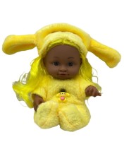 Papusa in Costum Galben cu Urechi Pufoase si Par Lung