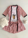 Set pijama dama 3 piese alcatuit din maieu + pantaloni scurti + halat roz cu imprimeu Wake Up Coffee