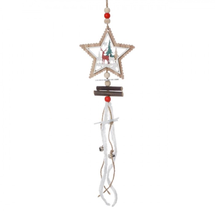 Ornament Suspendabil Crăciun, Lemn, Stea, Maro/Alb, 9x37cm