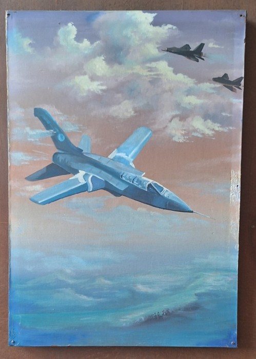 Tablou original &ndash; Avion militar &icirc;n zbor &ndash; pictură manuală &ndash; stil realism tehnic