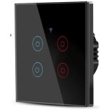 Intrerupator inteligent cu touch Tuya, Life Smart, Wi-Fi, RF433, cu sau fara nul, 4 canale, 10A, Sticla securizata,t, Negru @SmartWiz smw42