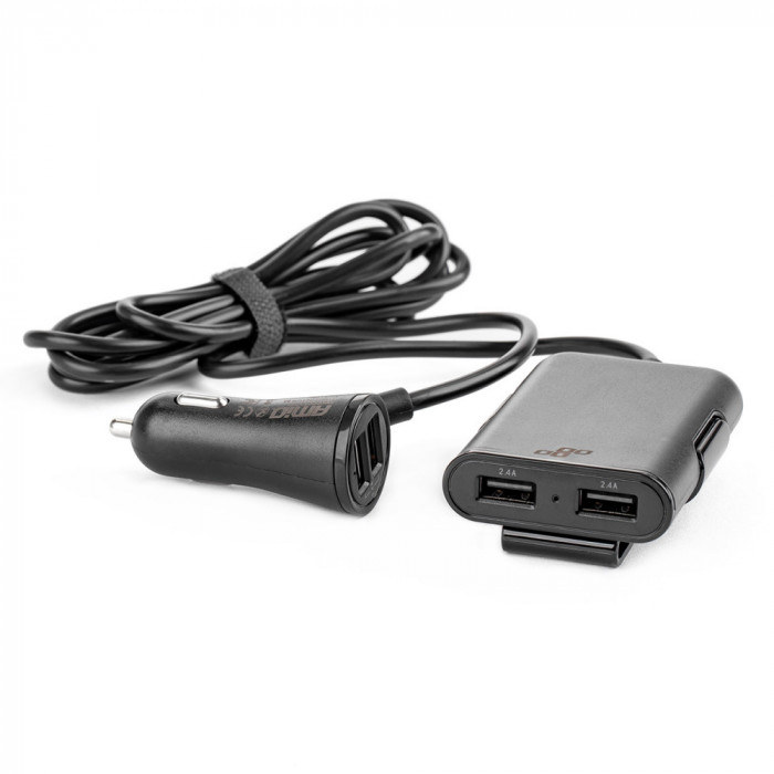 Incarcator auto AMIO 12/24V , 2X USB 2.4A 5V fisa pricheta + 2X USB 2.4A 5V extindere 1.5m pentru pasageri spate