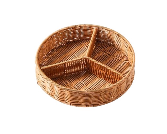 Cos impletit rotund cu 3 compartimente, diametru 28 cm, culoare maro