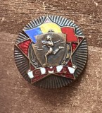 QW9 N8 63 - insigna - comunism - Gata pentru munca si aparare - GMA - diametrul mic, Romania de la 1950