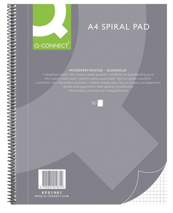 Caiet cu spirala, A4, 80 file - 70g/mp, 4 perf., coperti carton, Q-Connect -