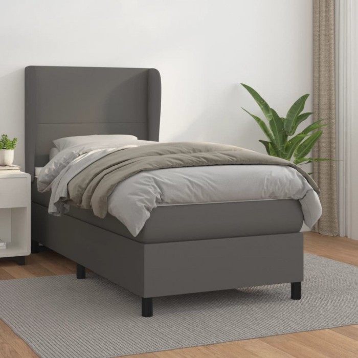 vidaXL Pat box spring cu saltea, gri, 90x190 cm, piele ecologică 3128887