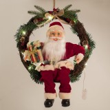 Coroniță Decorativă Crăciun, Model Moș Crăciun, Lemn, 45cm, LED, Cu Baterii, Roșu