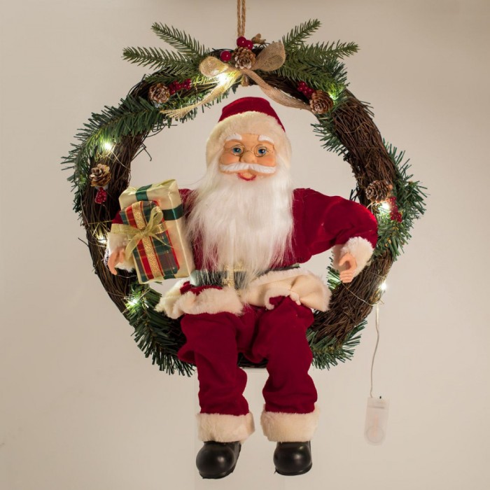 Coroniță Decorativă Crăciun, Model Moș Crăciun, Lemn, 45cm, LED, Cu Baterii, Roșu