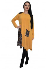 Rochie casual tricotata cu maneca lunga ,imprimeu animal-print ,nuanta de galben foto