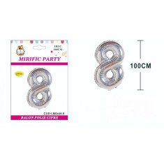 Balon din folie metalizata argintie, Mirific Party, Cifra, 8 ani, 100 cm