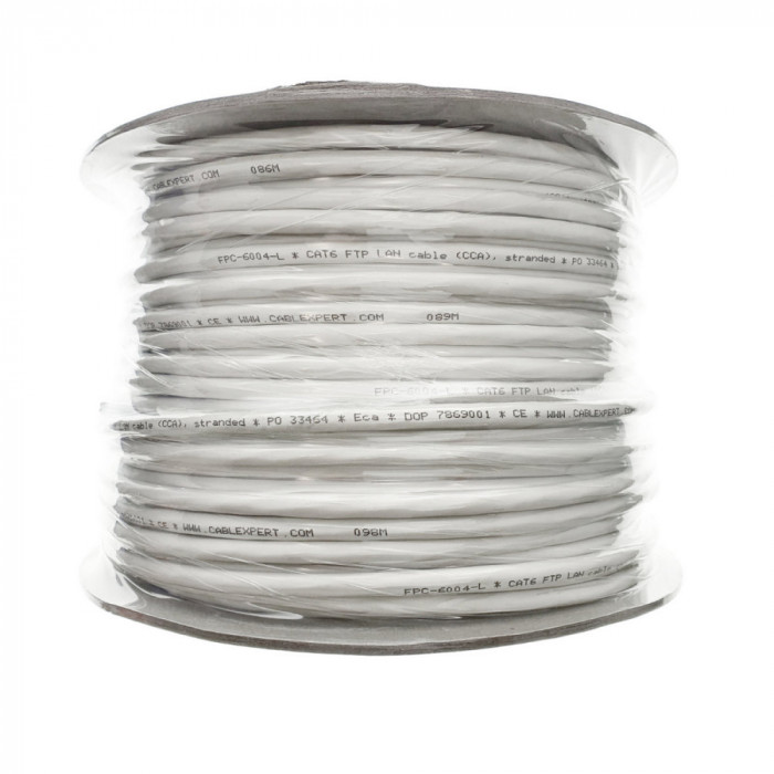 Rola 100m cablu LAN cat 6 FTP (CCA), Cablexpert 07869, cu perechi torsadate ecranate cu folie, gri