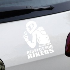 Sticker auto off road respect for bikers, alb, 17x12 cm, folie oracal, autocolant exterior rezistent uv si intemperii