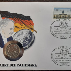 GERMANIA - FDC SI MONEDA - 1 MARK 1988, LIT. J, 40 ANI DEUTSCHE MARK, STARE UNC