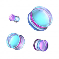 Plug de ureche din sticlă, tip șa - culoare violet-albastru cu reflexe curcubeu - Diametru piercing: 8 mm