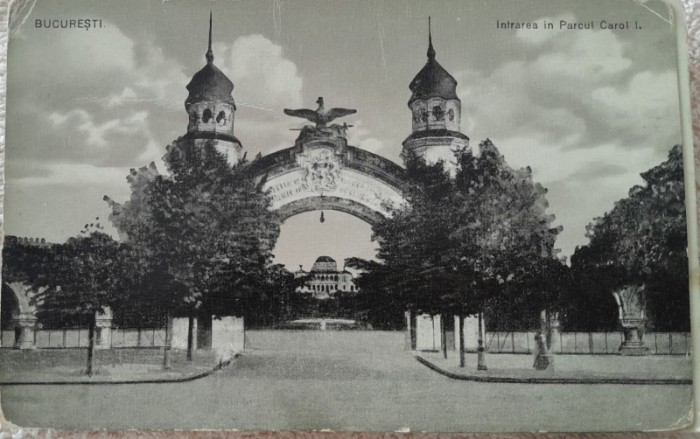 Carte postala, Bucuresti, intrarea in parcul Carol I, 1932