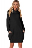 Rochie Midi Tricotata Neagra cu Guler, Buzunare Laterale - Casual Elegant, Marimi S/M, M