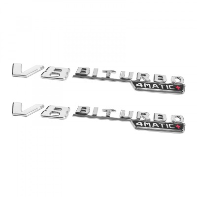 Set 2 embleme V8 Biturbo 4Matic+, pentru aripa Mercedes, Chrom foto