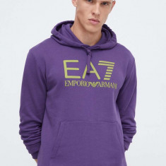 EA7 Emporio Armani hanorac de bumbac barbati, culoarea violet, cu glugă, cu imprimeu