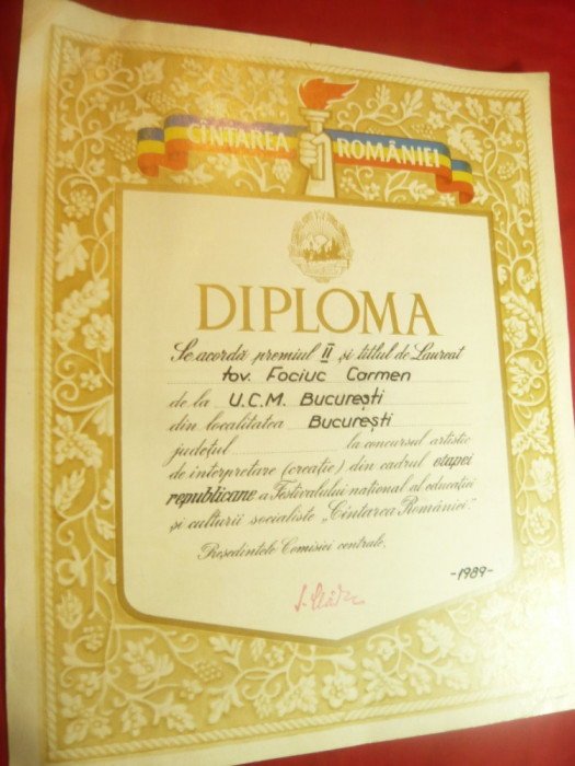 Diploma Cantarea Romaniei 1989 loc 2 Creatie Etapa Republicana
