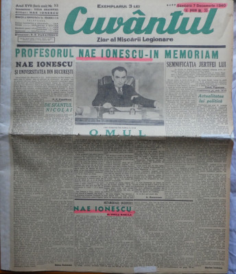 Cuvantul, ziar al miscarii legionare, 7 Decembrie 1940, Nae Ionescu, in-memoriam foto