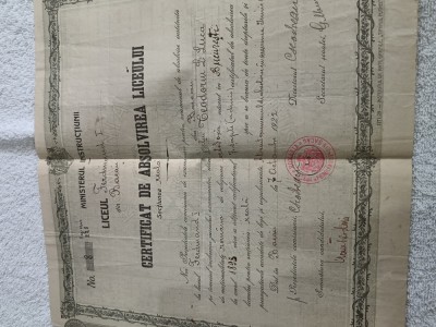 brevet Diploma de absolvire liceu,Ferdinand I ,Bacau .Regatul Romaniei foto