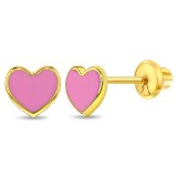 Cercei Aur 14K pentru Copii, model Inima email Roz, inchidere cu Filet si Protectie