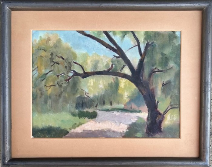 Traian Sfintescu (1905-1959) Tablou Peisaj interbelic bucureștean &ldquo;Alee &icirc;n Cismigiu&rdquo;, pictura ulei pe p&acirc;nză inramata 39x49 cm