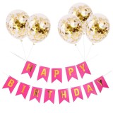 Set 5 Baloane Confetti Auriu + Banner Happy Birthday Roz Inchis - Decoratiuni Aniversare, Petrecere Copii, Baloane Latex, Baloane Zi de Nastere