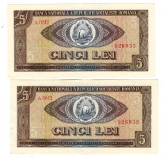 Bancnote Romania - 5 lei 1966 , 2 bancnote consecutive - 2 loturi