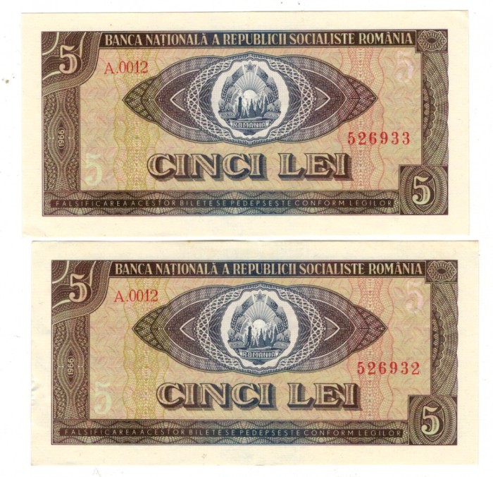 Bancnote Romania - 5 lei 1966 , 2 bancnote consecutive - 2 loturi