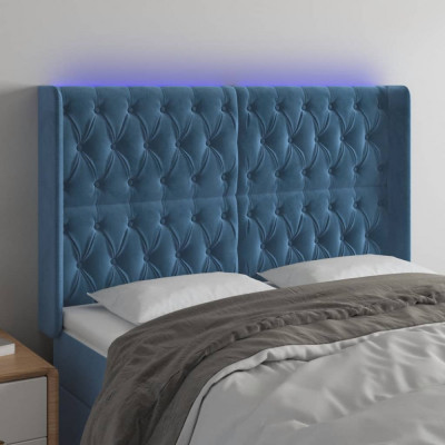 vidaXL Tăblie de pat cu LED, albastru &amp;icirc;nchis, 163x16x118/128cm catifea foto