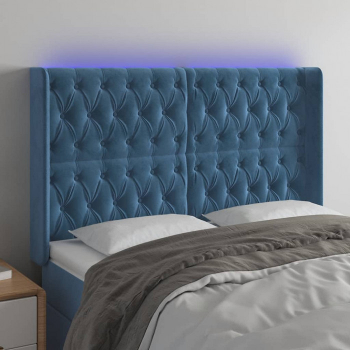 vidaXL Tăblie de pat cu LED, albastru &icirc;nchis, 163x16x118/128cm catifea