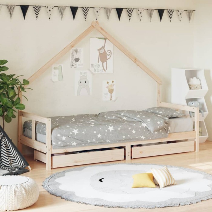 Cadru pat copii cu sertare, 80x200 cm, lemn masiv de pin