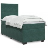 VidaXL Pat box spring cu saltea, verde &icirc;nchis, 90x190 cm, catifea