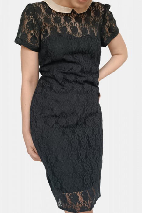 Rochie mini eleganta, din dantela, cu guler, negru, 36