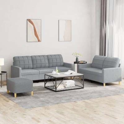 vidaXL Set de canapele cu perne, 3 piese, gri deschis, textil foto