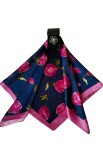 Esarfa din matase satinata multicolora, model 12, imprimeu flori, cu inel argintiu cu perla, 60 x 60 cm
