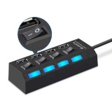 Hub 4 porturi USB 2.0, cu led-uri si intrerupatoare pentru USB, port alimentare cablu 40cm, negru