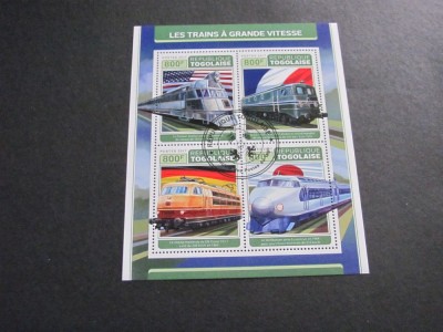 Togo 2017 Bloc de Timbre Poștale &amp;ndash; 4 Trenuri Legendare (Pioneer Zephyr, SNCF, DB, Shinkansen), 800F, obliterat foto