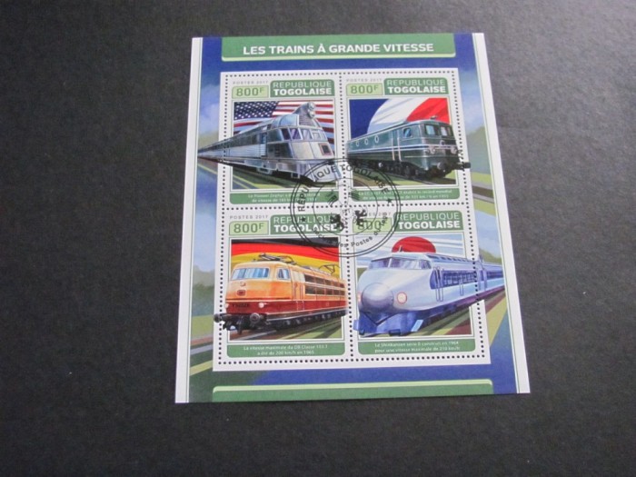 Togo 2017 Bloc de Timbre Poștale &ndash; 4 Trenuri Legendare (Pioneer Zephyr, SNCF, DB, Shinkansen), 800F, obliterat