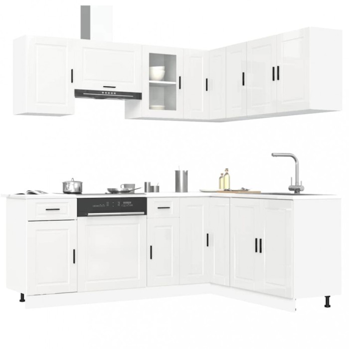 Set dulap de bucătărie 11 piese &bdquo;Porto&rdquo; alb lucios Lemn
