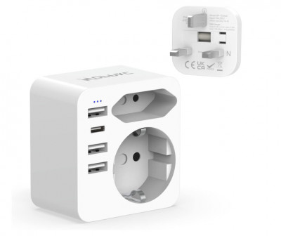 Adaptor UK Hoppac, Adaptor 6 in 1, 3 USB, 1 USB-C - RESIGILAT foto